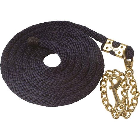 Blu Navy - Lunghina per cavallo in nylon grosso semi rigido e intrecciato con catena e moschettone colore ottone