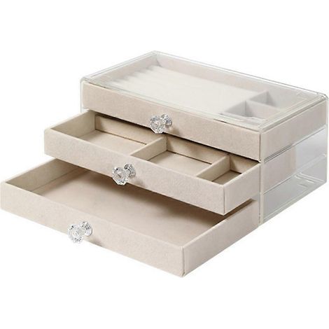 Dreischubladenige Aufbewahrungsbox für den Schreibtisch, großes Fassungsvermögen, hochwertige Oxidationsoberfläche, für Schmuck (Armbänder, Ringe), cremeweiß. (1/5)