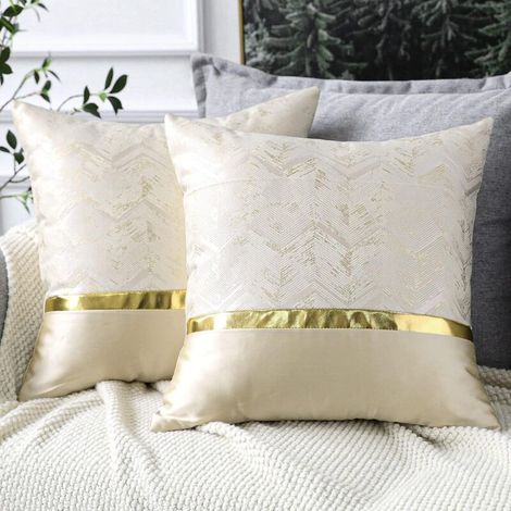 Lot De 2 Housses De Coussin Carrées Pour Lit, Canapé, Décoration De Voiture, Moderne, Minimaliste, En Cuir Doré Avec Coutures Ondulées, 45 X 45 Cm (Beige) (1/5)