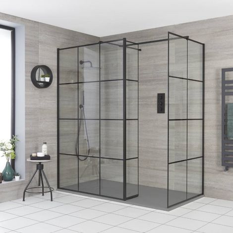 Hudson Reed Barq - Douche Italienne d’Angle avec Verrière&44 Paroi de Retour et Receveur à Effet Texturé Gris Clair – 110cm x 70cm (1/5)