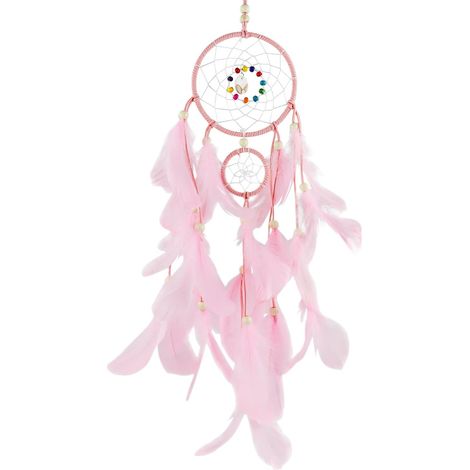 Attrape-rêves macramé fait main avec plume, décoration murale indienne rose. (1/5)