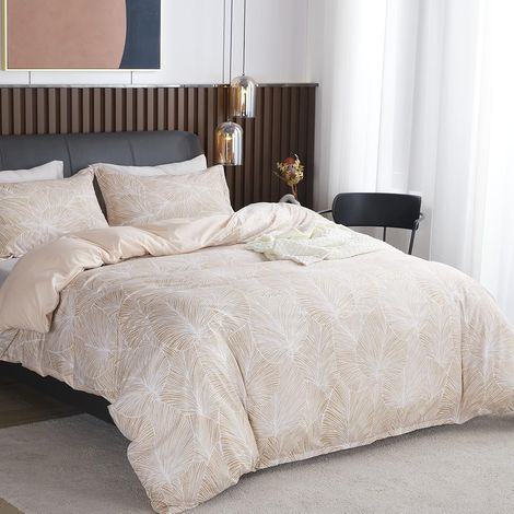 Parure de Lit Beige de Motif Feuilles Tropicales, 1 x Housse de Couette 220x240 cm 2 Personnes et 2 x Taies d'oreiller 65x65 cm, Sets de Linge Très Doux Literie Tropicale avec Fermeture Eclair (1/5)