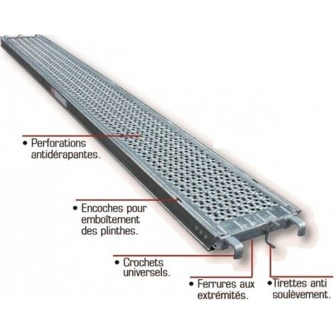 Altrad – Plancher acier galvanisé tolacier 0,365 x 1,50m – Supporte 300kg/m2 – Perforations antidérapantes – Crochets universels – MOST36150AC (1/2)