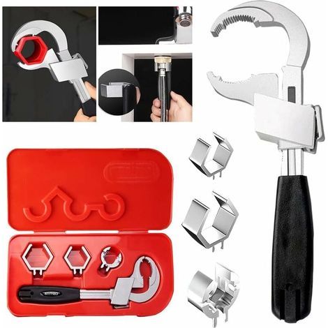 Clé - clé à molette universelle,multifonction avec 3 têtes de rechange, kit d'outils de réparation - pour robinet, salle de bain, cuisine (1/5)