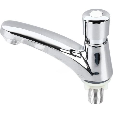 Robinet à bouton-poussoir économe en eau avec distribution d'eau différée, eau froide uniquement, en alliage, adapté à un usage domestique. (1/5)