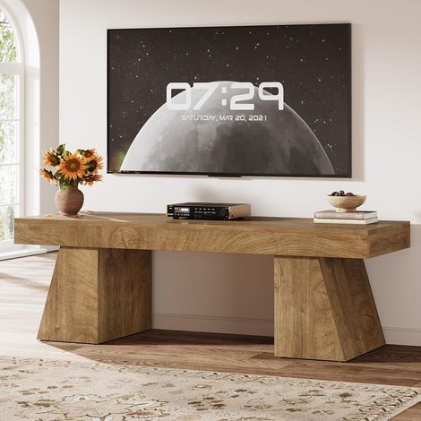 Tribesigns Meuble TV de 63" pour téléviseurs de 55/60/65/75", centre de divertissement de ferme avec double piédestal géométrique, console multimédia pour salon, chambre à coucher, naturel (1/5)