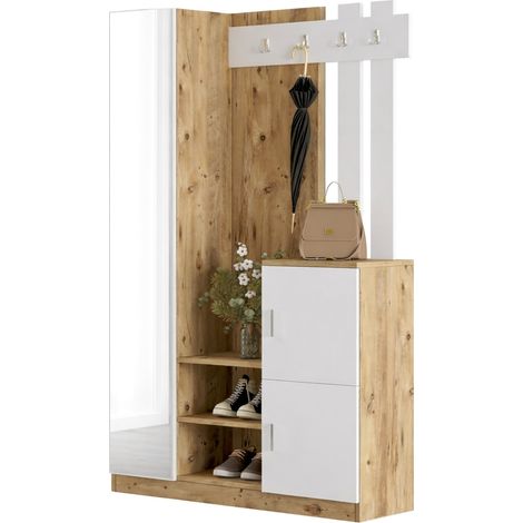 Dmora - Eingangsmöbel Dgagn, Moderner Eingang, Wandgarderobe, Multifunktions-Aufbewahrungskonsole, 114x38h180 cm, Eiche und Weiß