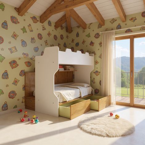 Letto a castello con scala contenitore e terzo letto estraibile - Cameretta salvaspazio - Bianco e Quercia