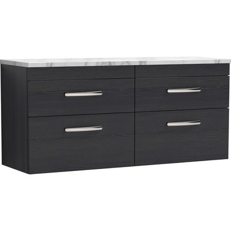 Millwich Contemporary 4 Drawer Wall Hung Vanity Unit with Laminate Carrara Marble Worktop, Charcoal Black, 1200mm
