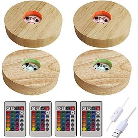 Lot de 4 bases de lumière LED en bois, base d'affichage USB en verre de cristal, support de lumière en verre de cristal 3D pour art en résine (bois - lumière multicolore, 4 pièces) (1/5)