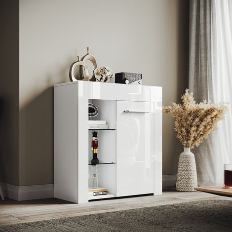 ELEGANT Designer Small Display Cabinet Cupboard in White High Gloss Multicolour LED Lights 5mm Tempered Safety Glass Shelves 830 x 750 x 35 mm
