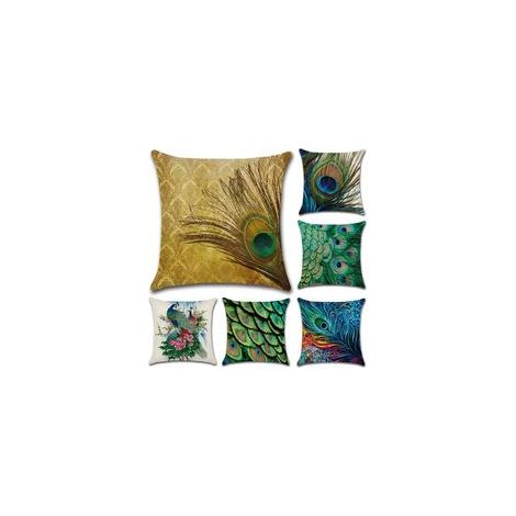 Kissenbezug mit tropischem Pflanzenmotiv für Sofa, Wohnzimmer, Schlafzimmer, Inneneinrichtung, 45 x 45 cm, 6er-Set (Pfau)