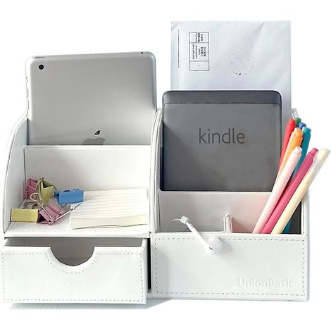 Unionbasic Schreibtisch-Organizer, multifunktionaler Schreibtisch-Organizer aus Leder, Stiftehalter – Halter für Visitenkarten/Stifte/Bleistifte/Handy/Schreibwaren, StoraWhite (1/5)