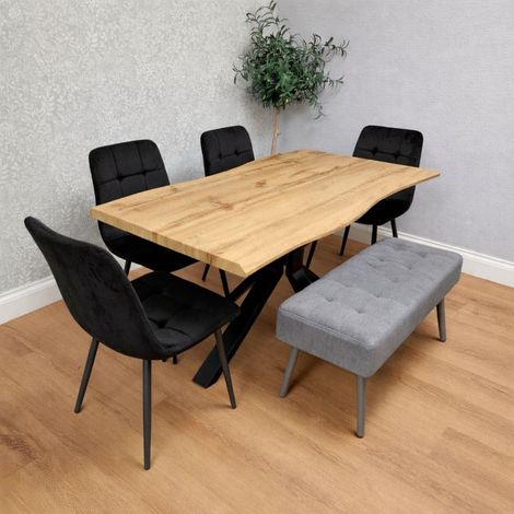 Dining Table Set with 4 black Velvet Chairs and 1 Grey Bench Dining Room Furniture