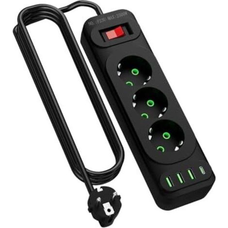 Multiprise D'angle - 3 Prises Secteur 2500 W - 3 USB + 1 USB-C - Câble 2 M - Interrupteur Lumineux - Noir (1/4)