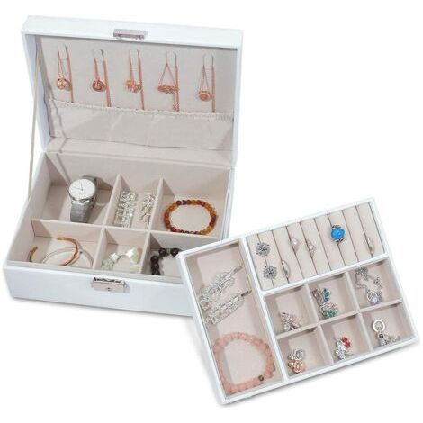 Große Schmuckschatulle für Damen – Weiß – 2 Ebenen – mit Schlüsseln – Kunstleder – für Ringe, Ohrringe, Halsketten, Armbänder und Haarnadeln