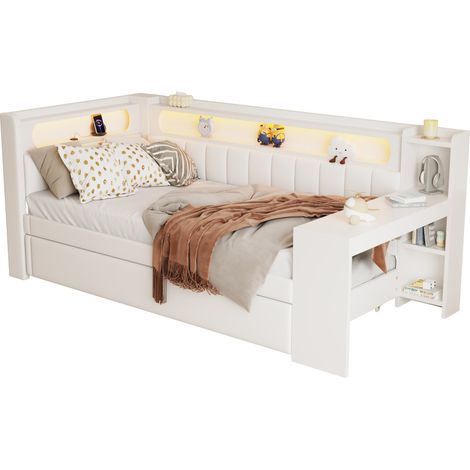 CAIziLit de jour 90x200 avec USB, LED, lit gigogne et bureau blanc (1/5)