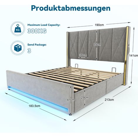 Lit en velours 180×200 cm avec tête de lit haute matelassée, rangement hydraulique, poches latérales, USB & LED – design élégant et confortable (1/4)