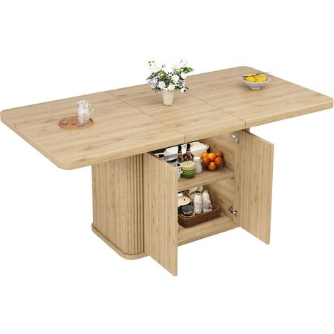 Table à Manger 140‑180 cm rangement dissimulé plateau extensible aspect bois clair reliefs verticaux (1/3)