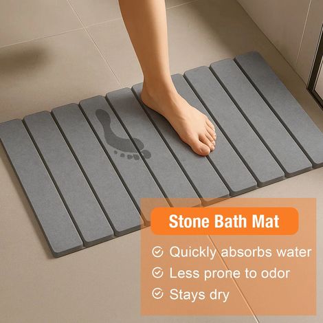 Stone Bath Mat 60x40 cm Non-Slip Absorbent Diatomaceous Quick Drying Mat Foldable Bath Mat Easy to Store for Bathroom Floor (White) (1/5)