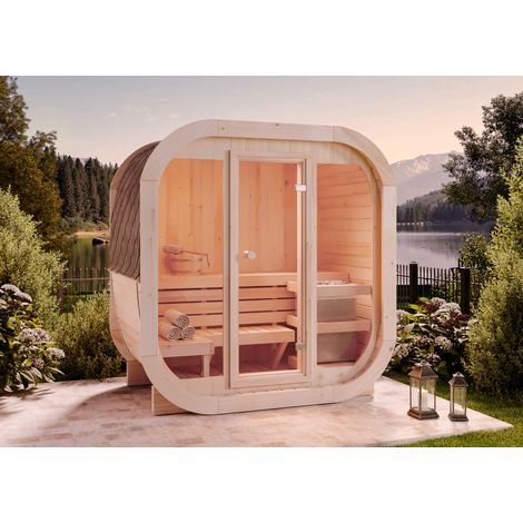 FinnTherm Fasssauna ScandiCube Mini XXS Fasssauna 1 Sitzbänke aus Holz, Sauna mit 42 mm Wandstärke, Außensauna mit Montagematerial (1/4)