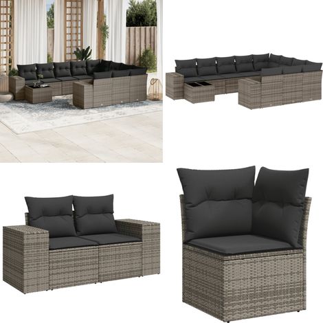 11-tlg. Garten-Sofagarnitur mit Kissen Grau Poly Rattan - Gartenmöbel Set - PE-Rattan Möbel - Outdoor Lounge - Esstisch Set - Gartenlounge - Home & Living (1/5)