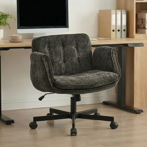 Chaise de bureau pivotante réglable avec accoudoirs rabattables 5 niveaux, roulettes, tissu foncé - noir