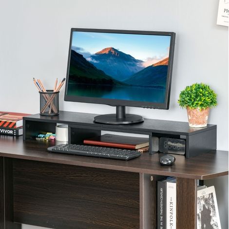 Supporto monitor per due schermi, regolabile, 80–117 x 23,5 x 10 cm, nero, legno HAVRYA (1/4)