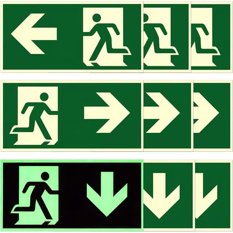 Lot de 9 Panneaux de Sortie de Secours Phosphorescents Auto-Adhésifs 300 × 150 Mm, Autocollants Signalisation Chemin d’Évacuation avec Flèches Gauche, droite et bas (1/5)