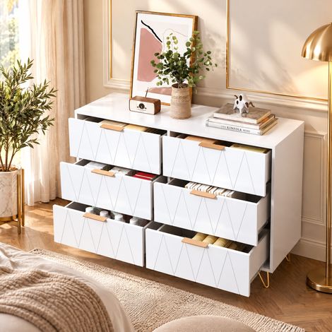 Commode scandinave 100 cm avec 6 tiroirs – Façade plaquée losange blanc – Dimensions 100x34x72,5 cm – Rangement élégant pour chambre, cuisine, salon (1/5)