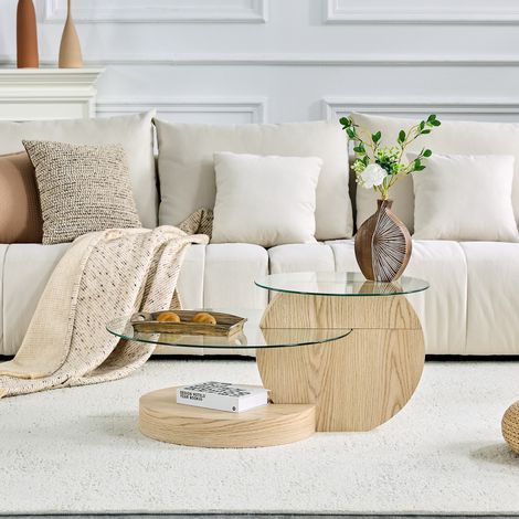 Table Basse Ronde en Verre Trempé Double Plateau Style Moderne et Chic, Bout de Canapé avec Structure MDF Effet Bois Clair pour Salon Lumineux (1/5)