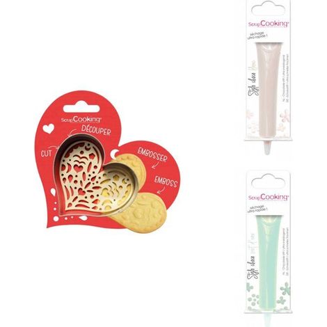 Kit pour biscuit en relief Coeur + 2 Stylos au chocolat blanc et vert d'eau (1/3)