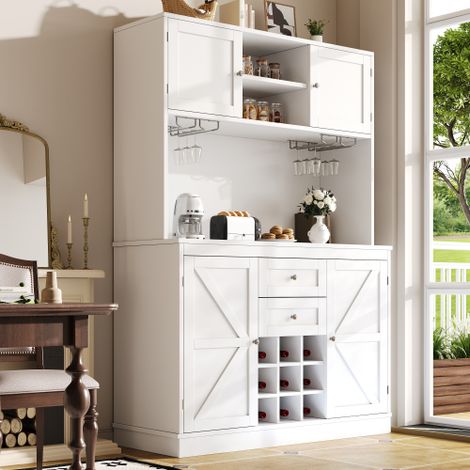 Mobile da cucina con ripiani regolabili e portabottiglie, credenza alta da cucina con 4 ante e 2 cassetti, madia per cucina e soggiorno, mobile buffet, bianco (1/5)