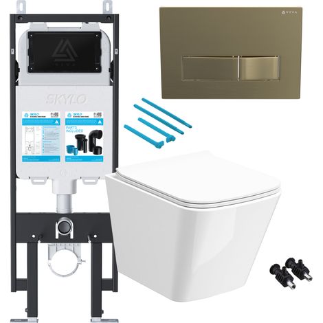 Gloss White Rimless Compact Square Wall Hung Toilet with 1.14m Concealed Cistern Frame Set - Brushed Brass Plate