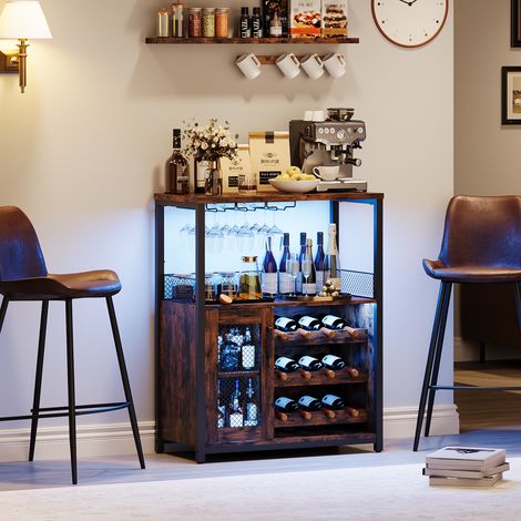 Lunsy – Meuble de bar à vin compact – Buffet industriel avec porte-bouteilles et porte-verres – Étagères réglables et porte grillagée – Rangement élégant (1/5)