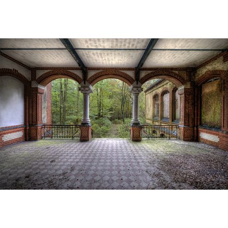 Papier peint panoramique trompe l'oeil jardin | Tapisserie panoramique grise et verte vintage | Papier peint panoramique pour chambre - 267 x 400 cm (4 pièces) (1/2)