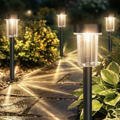 6 Pièces Lumières Solaires Extérieur Blanc Chaud LED, 5.8×5.8×38cm, Jusqu'à 12 Heures d'Éclairage, Lampes Solaires Extérieur IP44 Étanches pour Allées, Terrasse, Pelouse, Cour (1/5)