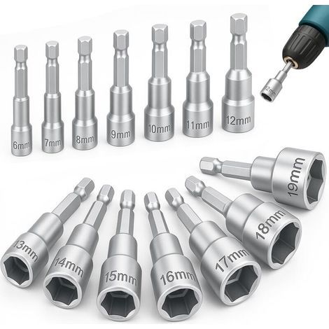 14 Pièces Douille Visseuse Magnétiques,6-19mm Embouts de Vissage, Adaptateur Embout, pour Perceuse ou Tournevis (Acier au Chrome Vanadium) (1/4)