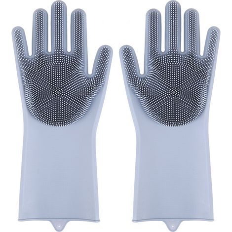 Gants de vaisselle en silicone gris, imperméables, anti-éclaboussures, anti-huile, souples et élastiques, avec brosses intégrées. (1/5)