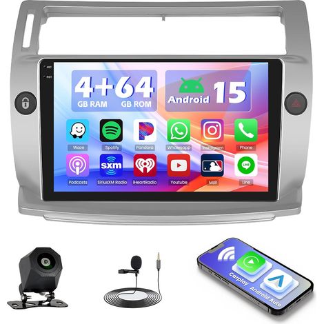 4+64G Autoradio pour C4 2004-2009/C-Quatre 2008-2012, écran 9" Radio avec Wireless CarPlay Android Auto Bluetooth Navi GPS WiFi EQ USB (1/5)