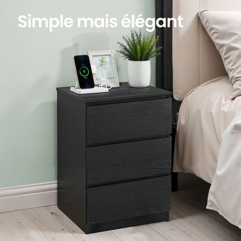 Table de Chevet avec Multiprise, Lot de 2, avec 3 Tiroirs, 2 Prises CA, 2 Ports USB, Moderne, Noir (1/5)