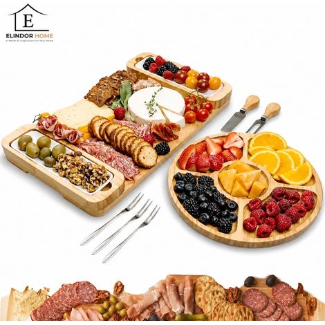 Servierplatten-Set aus natürlichem Bambus, bestehend aus rundem Tablett, Käsemessern, Keramikschalen und Gabeln – ideal für Vorspeisen, Obst, als Einzugsgeschenk, für Hochzeiten oder Partys. Elegantes (1/5)