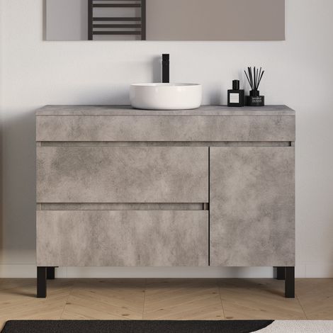 Meuble de salle de bain 120cm avec plateau et vasque à poser ronde - porte et tiroirs - sans miroir - ciment (gris) - LAZARO (1/5)