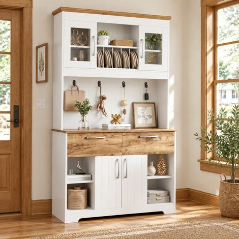 MODFU – Credenza cucina 106x39x176,5 cm in pannelli con vetrine, 2 cassetti, ganci, barra appendiabiti, portata 70 kg e 2 colli – Bianco e naturale (1/5)