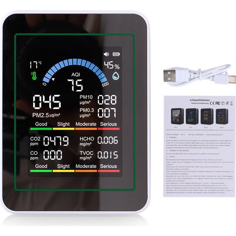 HCHO 10 in 1 misuratore, termometro e igrometro portatile con schermo a colori per casa, ufficio, veicolo, rileva PM0.3 PM2.5 PM10 CO2 CO TVOC MT13 Bianco. (1/5)