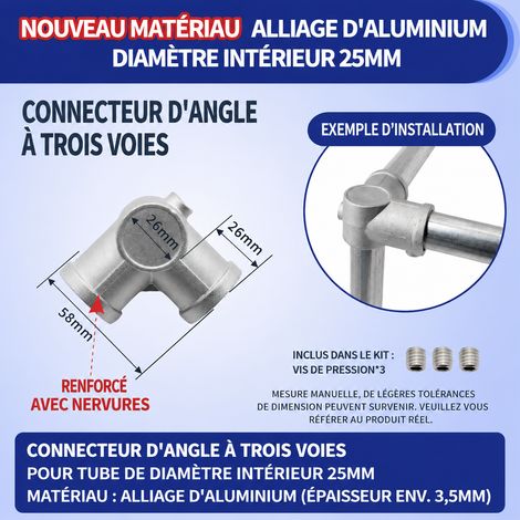 Raccord en T d’angle en alliage d’aluminium pour tube rond de 25 mm 25mm 3 60 g – Livraison gratuite