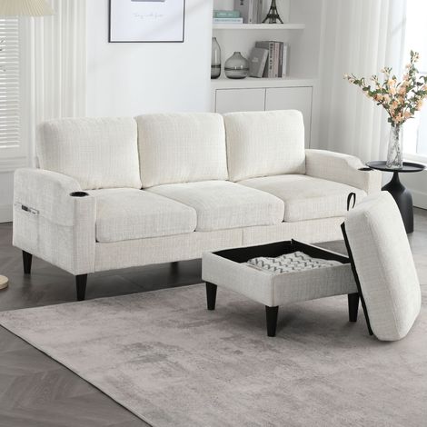 Divano 4 posti in chenille beige con pouf contenitore, portabicchieri e tasche laterali 196,5 cm