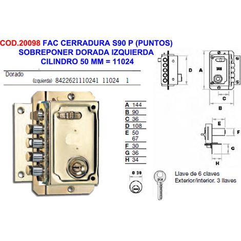 Serratura a sovrapposizione S90 Cilindro Sinistro Dorato 50 mm 11024