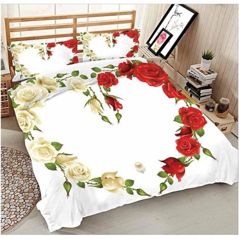 Housse De Couettes 3 Pièces 3D Imprimé Microfibre Ensemble De Literie avec Housses De Taies Rose Fleur Rouge Blanc 140X200 Cm - 6CU (1/4)