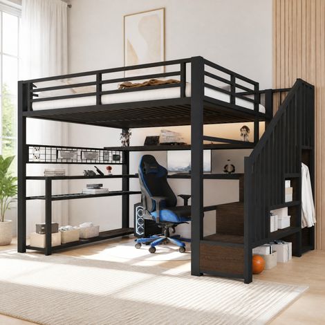 Cama alta 140x200 con LED, escritorio, armario y almacenaje, negra OKMYHOME (1/5)